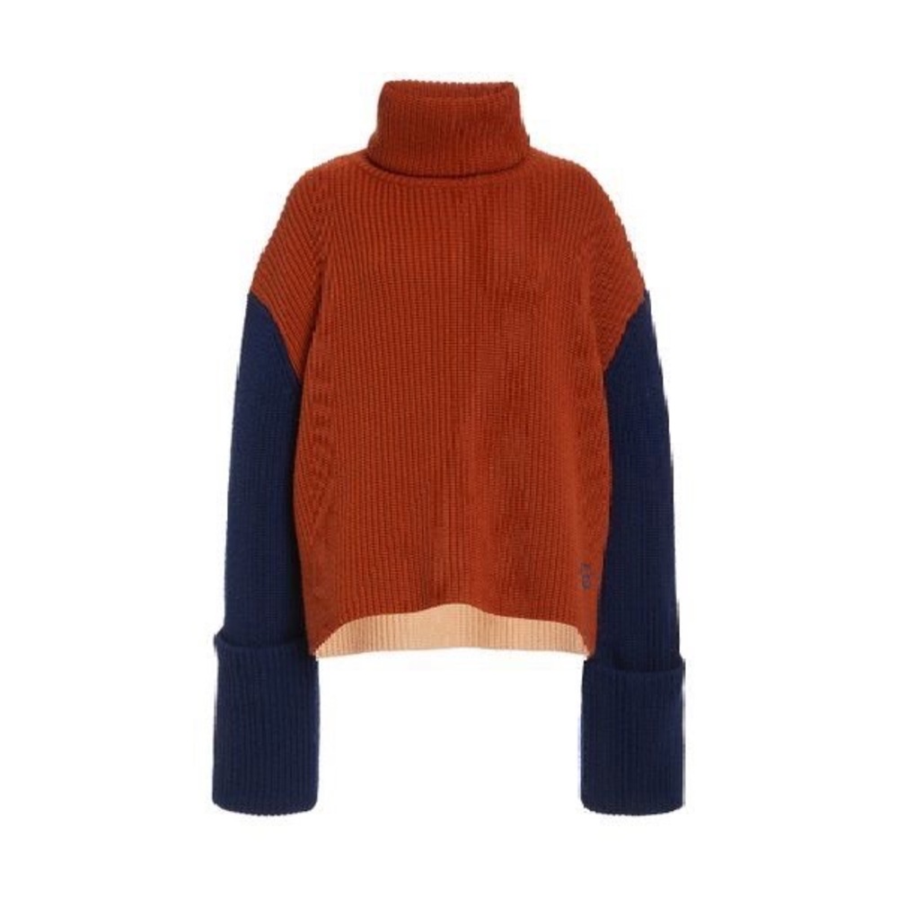 Victoria Beckham 100% wool colorblock turtleneck in rust orange/ blue, size XS!